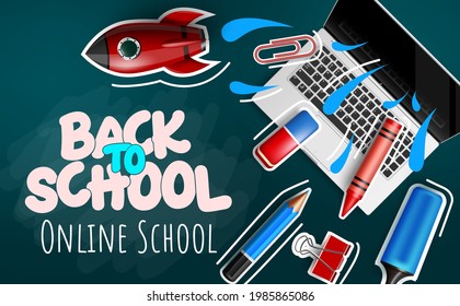 Back to school vector banner design. Back to school online text in chalkboard space with paper cut elements like laptop for e-learning educational study background. Vector illustration