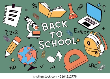 Back to school vector banner design. Set education items in a background. Web page template.