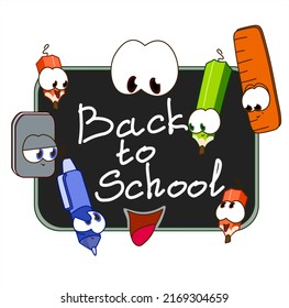 Back to school vector banner design with colorful funny school characters, educational, pen, pencil, eraser, ruler.  First day in school. School stationery, accessories.  Flat cartoon vector