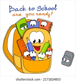 Back to school vector banner design with colorful funny school characters, educational, pen, pencil, eraser, ruler.  First day in school. School supplies in a backpack. Flat cartoon vector