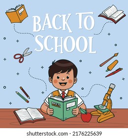 Back to school vector banner design -  welcome back to school concept  with colorful education items and text in a background- vector illustration