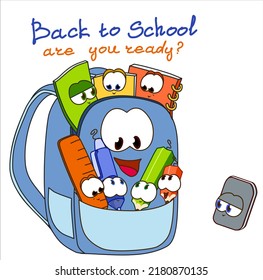 Back to school vector banner design with colorful funny school characters, educational, pen, pencil, eraser, ruler.  First day in school. School supplies in a backpack. Flat cartoon vector