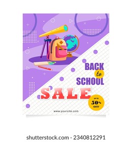 Back to school vector banner. Design with cartoon education elements. Flat design for posters , banners, cards and flyers.