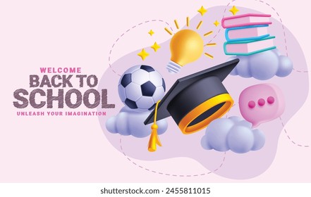 Back to school vector banner design. Welcome back to school text greeting with graduation cap, clouds, books and ball educational elements. Vector illustration school back banner design. 
