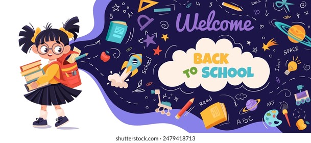 Back to school vector banner design with cute children and education element. Poster cute kid for poster, wallpaper,  print, website. Vector background for your design