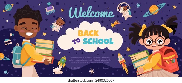 Back to school vector banner design with cute children and education element. Cute kids with books and backpacks for poster, wallpaper, print, website. Vector background for your design