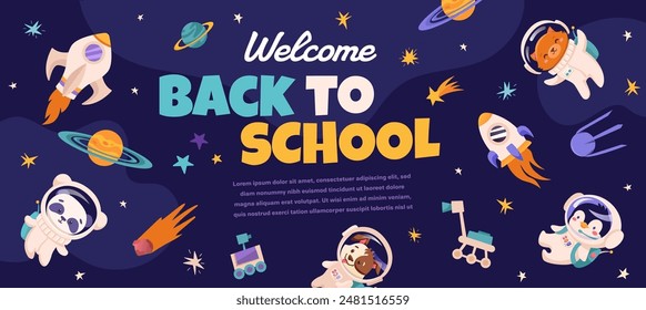 Diseño de Anuncio de Vector de regreso a la escuela con lindos animales astronautas y Elementos educativos. Lindo afiche para kindergarten, escuela primaria, Fondo de pantalla, impresión, Sitio web. Fondo de niños