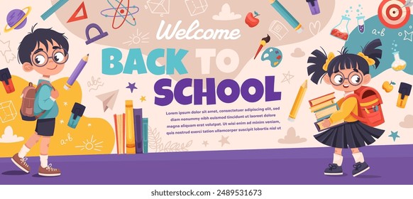 Back to school vector banner design with cute children and education element. Cute kids with books and backpacks for poster, wallpaper, print, website. Vector background for your design