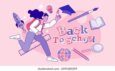 Diseño de Anuncios de Vector de regreso a la escuela. Chica corriendo. libro, bolígrafo, lápiz, Regla, lupa. Aprendizaje electrónico. Concepto de educación en línea. Niños de dibujos animados jugando. Icono de garabato educativo.