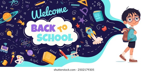 Back to school vector banner design with cute boy and education element. Poster with schoolboy for poster, wallpaper,  print, website. Vector background for your design