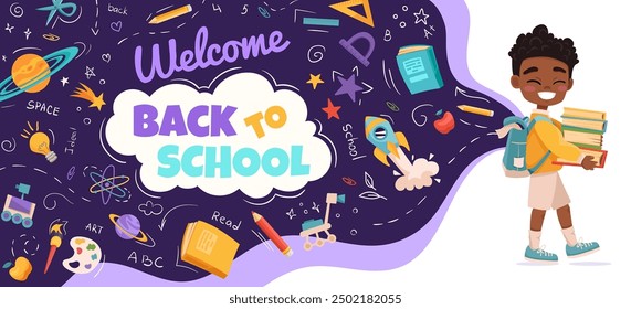 Volver a la escuela diseño de Anuncio de Vector con lindo colegial y Elementos de educación. Póster con pupilo afroamericano para cartel, Fondo de pantalla, impresión, Sitio web. Fondo de Vector para su diseño