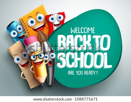Back to school vector banner design with colorful funny school characters a, education items and space for text in a background. Vector illustration.
 Сток-фото © 