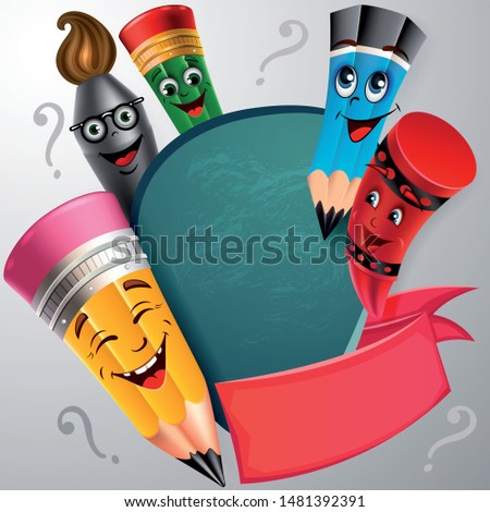 Back to school vector banner design with colorful funny school characters a, education items and space for text in a background. 