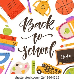 Back to school vector banner. Hand written text with school symbols. School bus, blackboard, books, green apple, backpack, in flat style