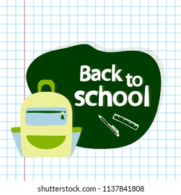 Back to school vector banner. Illustration with colorful flat schoolbag and white writing accessories.