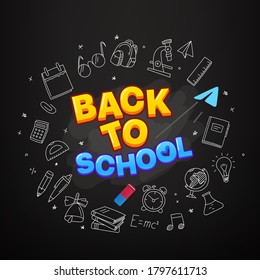 Back to school vector banner. Illustration with doodle elements ans logo