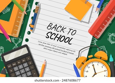 Back to school vector banner with school items and elements. Vector illustration banner.