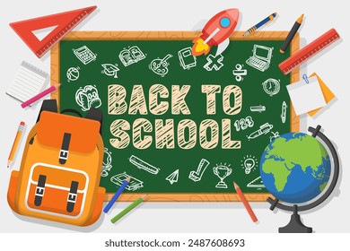 Back to school vector banner with school items and elements. Vector illustration banner.