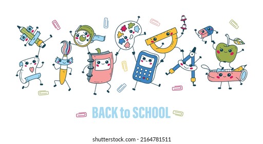 Back to School Vector Banner for Kids Design. Cute School Supplies. Dancing Happy Education Characters. Kawaii Style.