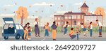 Back to school vector banner with parents and school children near  school building saying good buy flat illustrations. Parents escorting children to school, hugging, waving, handshaking.