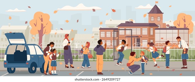 Back to school vector banner with parents and school children near  school building saying good buy flat illustrations. Parents escorting children to school, hugging, waving, handshaking.