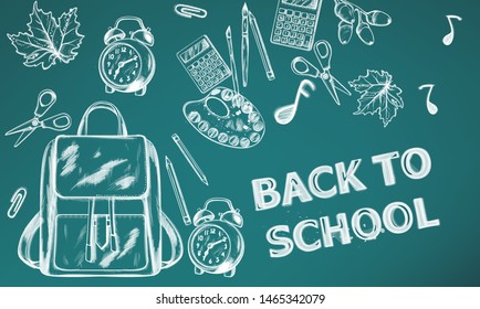 Back to school Vector banner. Sale school supplies promotion advertise poster. Chalk outline drawing texture