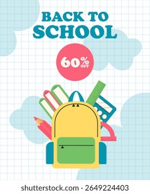 De volta à escola vetor banner. venda e oferta especial. Ilustração vetorial