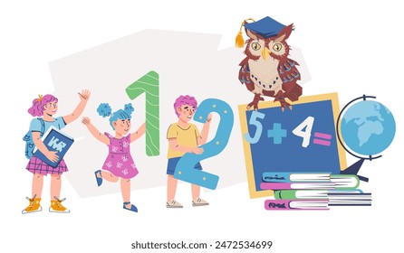 Back to school vector banner with schoolchildren and wise owl, flat vector illustration isolated on white. Children ready for school. Banner for seasonal events and education topic.