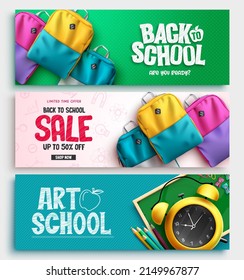 Back to school vector banner set design. Back to school text collection with bags, alarm clock and educational items on sale for student supplies shopping offer ads. Vector illustration.
