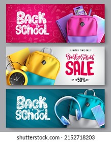 Back to school vector banner set. Back to school sale text with educational items of bags and notebook elements for educational promo discount collection design. Vector illustration.
