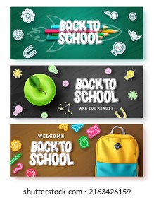Back to school vector banner set design. Back to school text in colorful icon decoration with learning bag and color pencil elements for knowledge learning collection. Vector illustration.
