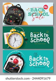 Back to school vector banner set design. Back to school sale and greeting text with school bag, alarm clock and color pencil items and elements for educational flyers lay out collection. Vector 