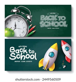 Back to school vector banner set. Welcome back to school greeting education lay out collection with alarm clock and rocket ship elements in chalkboard background. Vector illustration school greeting 