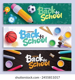 Back to school vector banner set design. Welcome back to school greeting text with pencil, water color, color pencil and brush arts materials for educational lay out collection. Vector illustration 