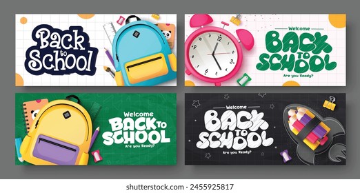 Back to school vector banner set design. Welcome back to school greeting text with student bag backpack, alarm clock and rocket ship educational materials for flyers lay out collection. Vector 