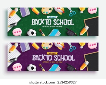 Back to school vector banner set design. Back to school greeting text with kids educational supplies and elements. Vector illustration promotion advertisement collection.  
