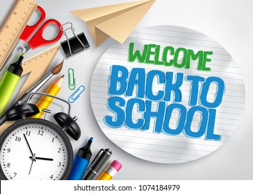 Back to school vector banner with school supplies, colorful education elements and white paper for welcome back to school text in white background. Vector illustration.