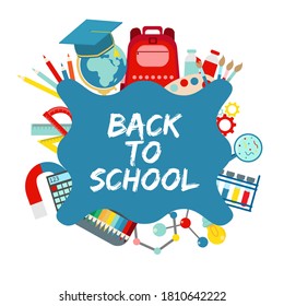 Back to school vector banner with school supplies, education elements. Flat vector illustration.