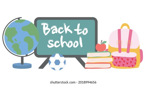 Back to school vector banner with school supplies. School bag, books, school board, globe. Vector illustration.