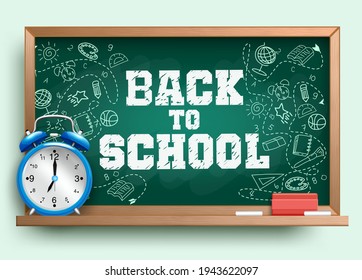 Back to school vector banner template. Back to school text in chalkboard background with education supplies drawing elements for educational activity design. Vector illustration
