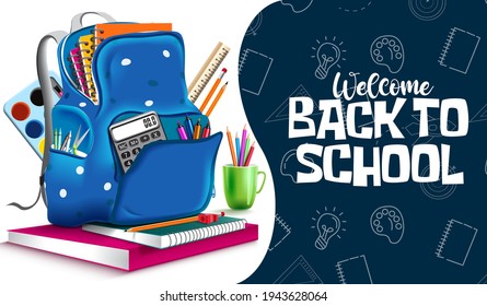 Back to school vector banner template. Welcome back to school text with bag, notebook and color pens education elements for educational class study design. Vector illustration
