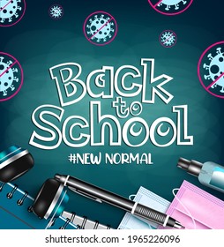 Back to school vector banner template. Back to school text in space with covid-19 safety elements like face mask and alcohol for new normal education design. Vector illustration 