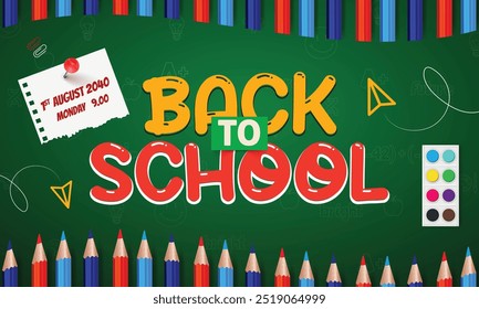 De volta ao modelo de banner de vetor da escola. Bem-vindo de volta ao texto de saudação da escola em tipografia colorida com despertador, lápis colorido e outros itens de aprendizagem à mão desenhado rabiscos fundo.