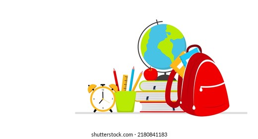 Back to school vector banner with school tools. Place for text.  Globe, books, backpack and clock islated on the white background. Vector illustration in flat style