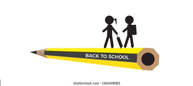 Back to school vector banner,poster card design with wooden pencil and children silhouettes isolated on white background