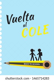 Back to school vector banner,poster card design with wooden pencil, children silhouettes and spanish text Back to School