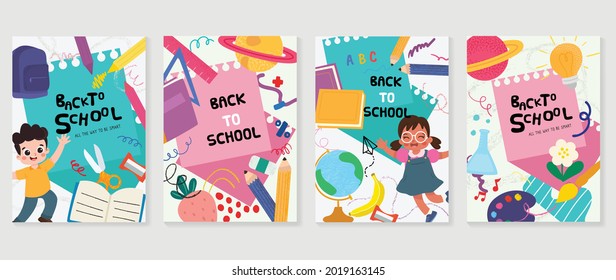 Back to school vector banners. Background design with children and education accessories element. Kids hand drawn flat design for poster , wallpaper, website and cover template. 