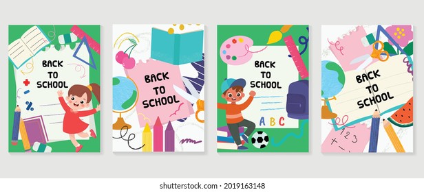 Back to school vector banners. Background design with children and education accessories element. Kids hand drawn flat design for poster , wallpaper, website and cover template. 