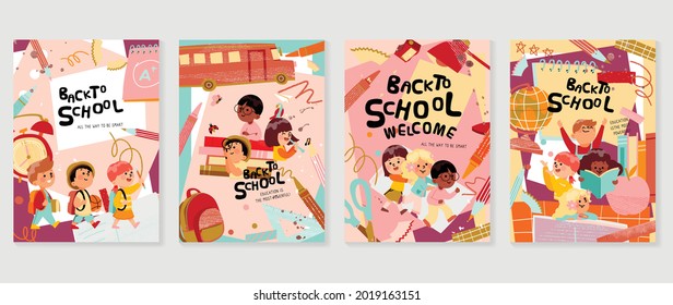 Back to school vector banners. Background design with children and education accessories element. Kids hand drawn flat design for poster , wallpaper, website and cover template.  - Shutterstock ID 2019163151