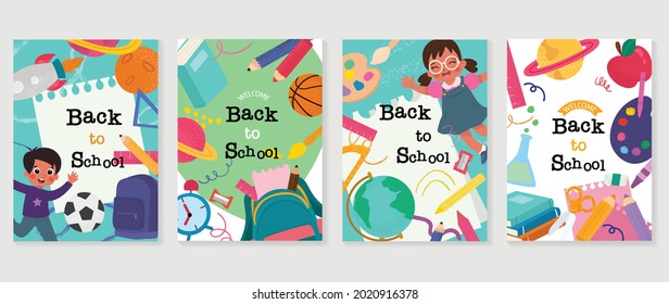 Back To School Vector Banners. Background Design With Children And Education Accessories Element. Kids Hand Drawn Flat Design For Poster , Wallpaper, Website And Cover Template. 